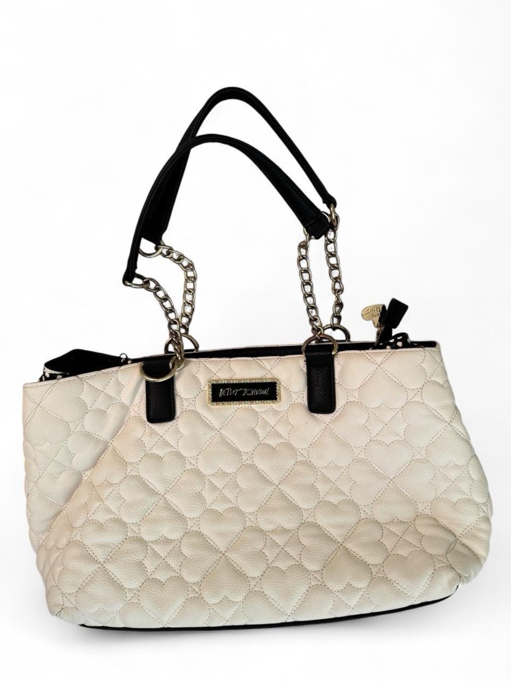 Betsy Johnson Clover Heart Quilted Y2K Handbag with Chain Hardware, Satin lining